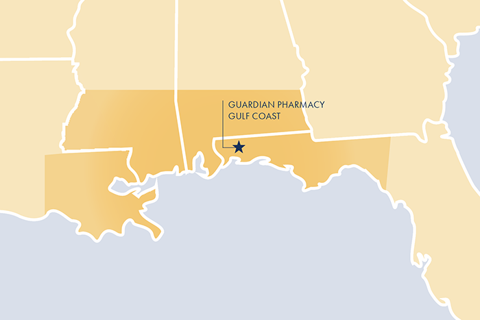 Service area of Guardian Pharmacy Gulf Coast depicting the Florida panhandle, southern Mississippi, southern Alabama, and eastern Louisiana